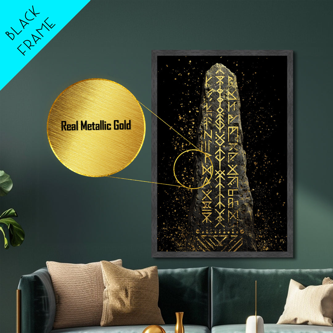 Golden Norse Rune Stone Metallic Gold Art, Mythology Inspired Viking Metal Art framed in real wood, Office Art or Man Cave Accent