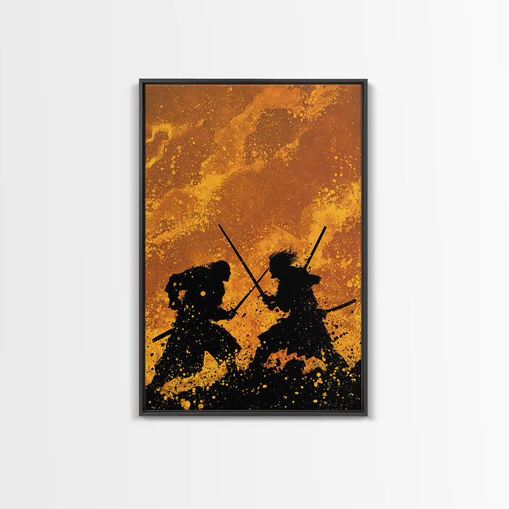 Viking Army Fight Scene Canvas Gold Art, Nordic Mythology Battle Canvas Art framed in natural wood, Bold Wall Decor for Men