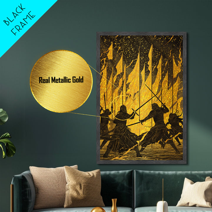 Warriors Clash in Fiery Nordic Battle Metallic Gold Art, Viking Combat Metal Art framed with real wood, Man Cave Office Wall Accent