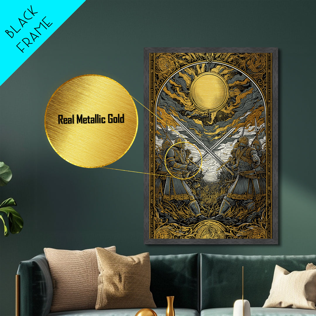 Nordic Mythology Battlefield Metallic Gold Art, Viking Warriors Metal Art with natural wood frame, Strong Office Decor or Dad Gift