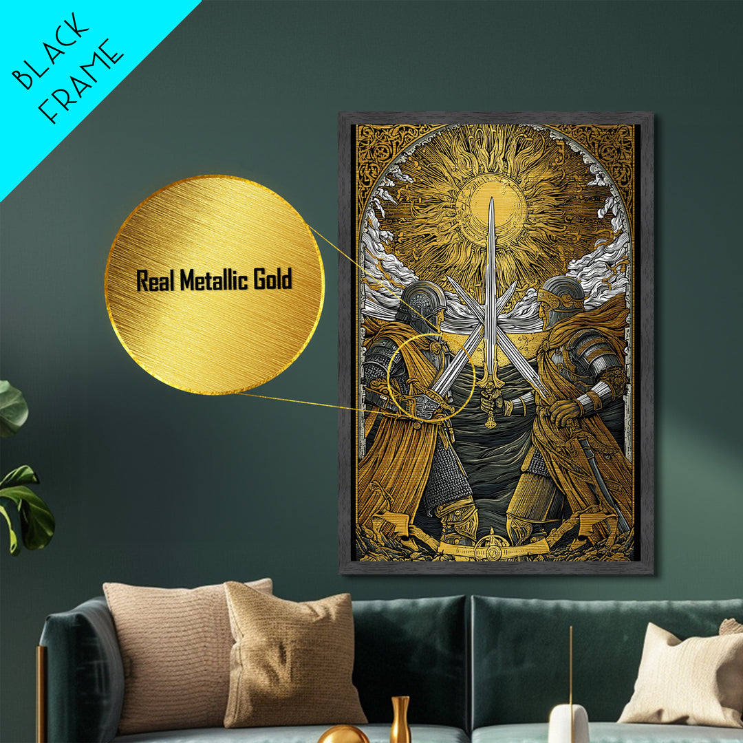 Norse Warriors in Battle Metallic Gold Art, Viking Metal Art with real wood frame, Perfect for Man Cave, Office Wall Art, or Dad Gift