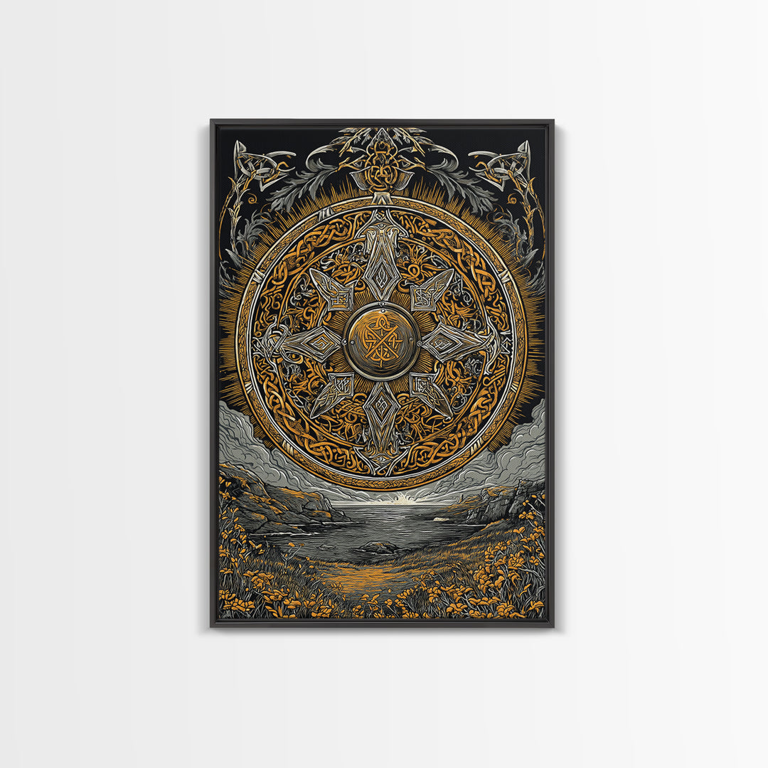 Vegvisir Compass Canvas Gold Art, Norse Mythology Canvas Art of Viking Symbol for Guidance, Man Cave or Office Decor framed in real wood