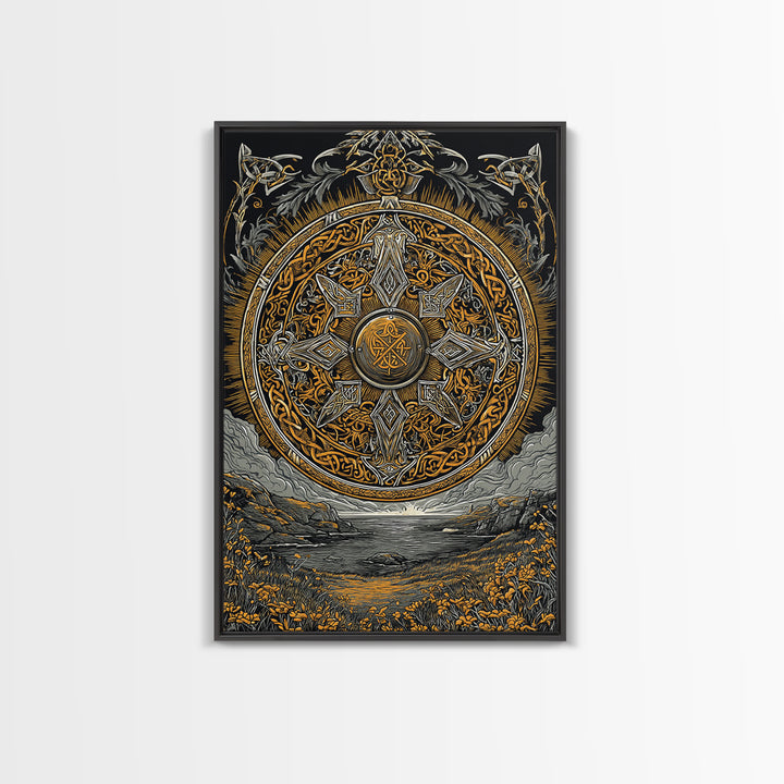 Vegvisir Compass Canvas Gold Art, Norse Mythology Canvas Art of Viking Symbol for Guidance, Man Cave or Office Decor framed in real wood