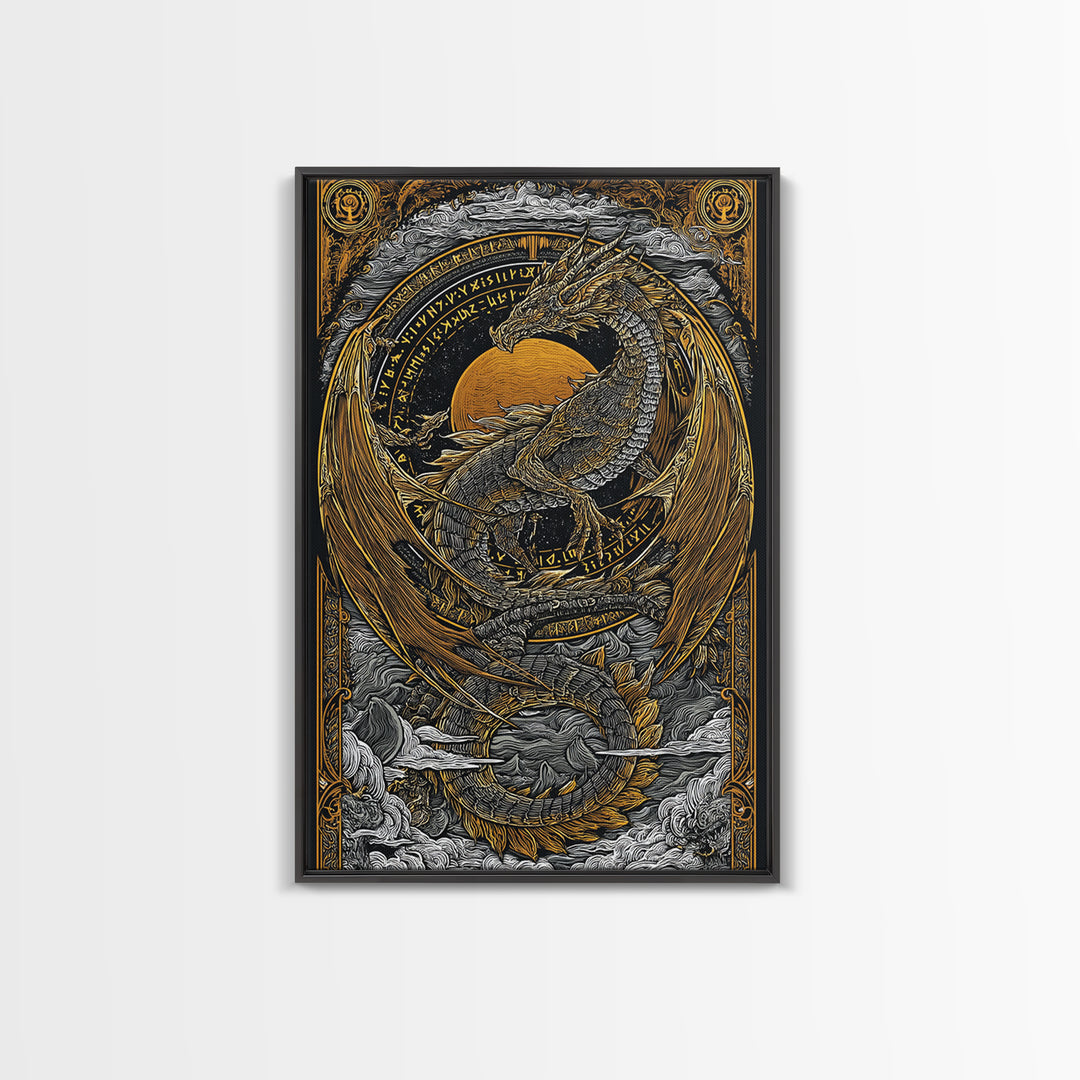 Canvas Gold Art of Jörmungandr Norse Dragon, Viking Myth Canvas Art framed in real wood, Nordic decor perfect for office or study