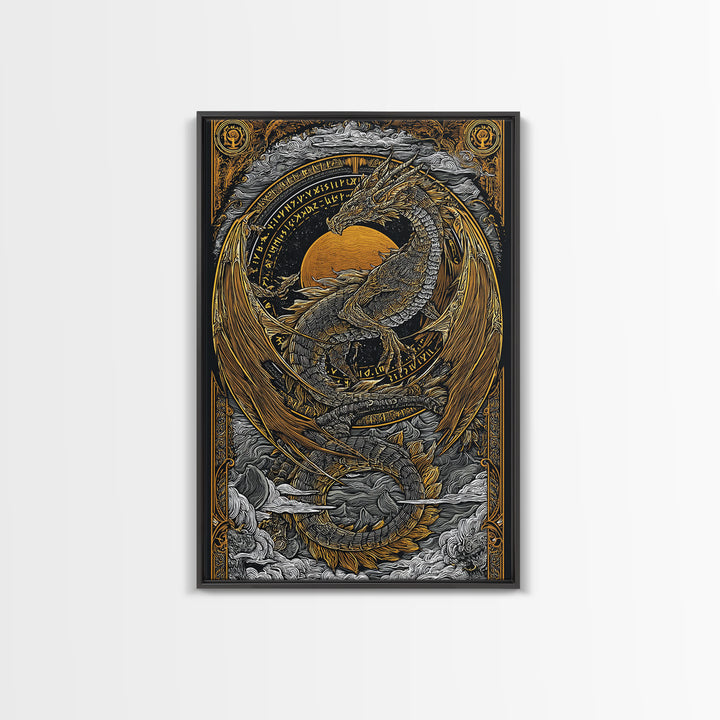 Canvas Gold Art of Jörmungandr Norse Dragon, Viking Myth Canvas Art framed in real wood, Nordic decor perfect for office or study