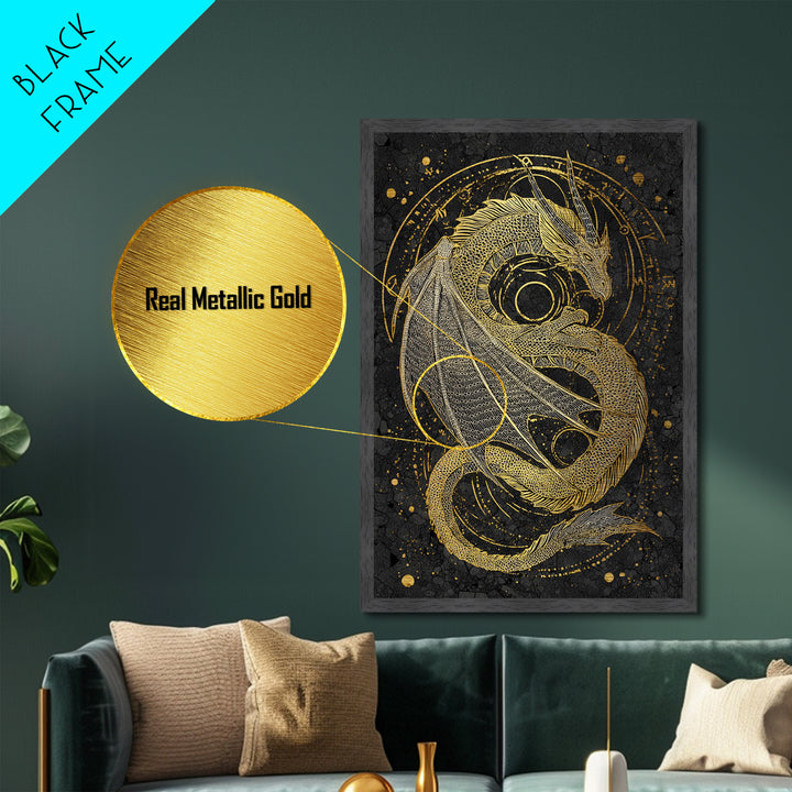 Nordic Dragon Metallic Gold Art, Viking Mythology Metal Art for Man Cave or Office, framed in natural real wood for dad gift