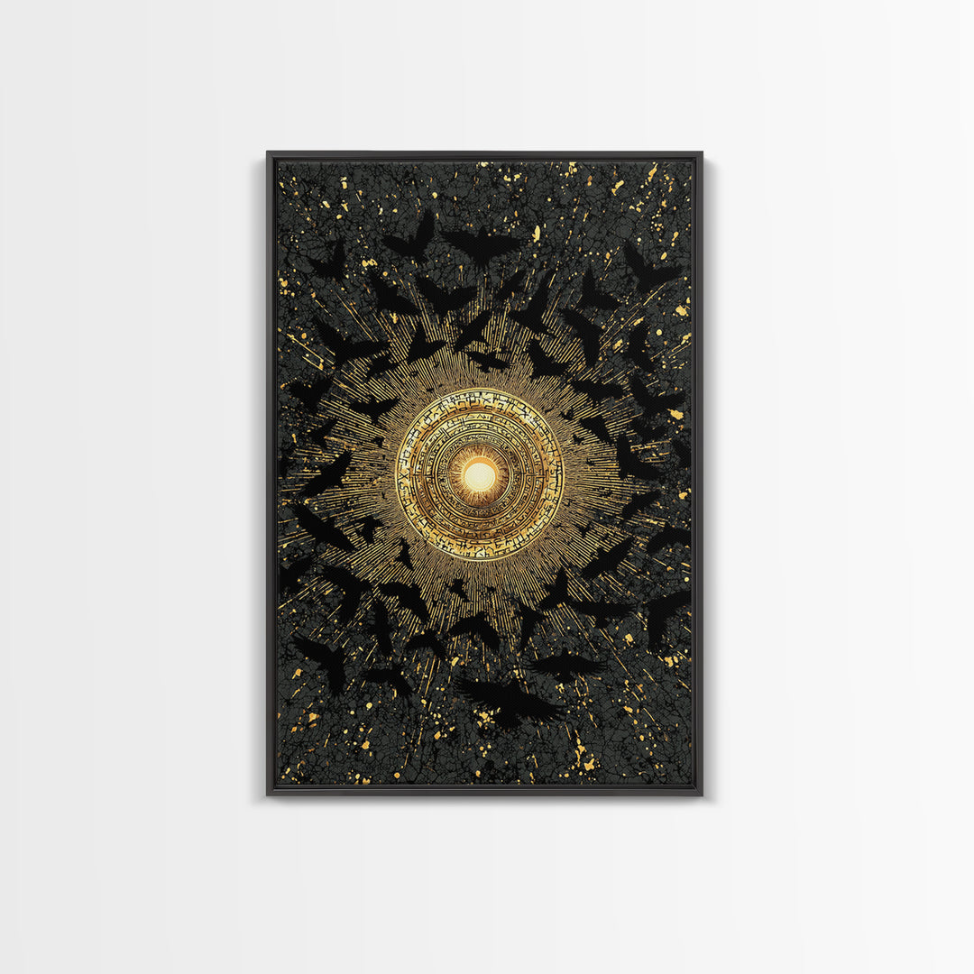 Canvas Art Norse Ravens and Sun Wheel, Canvas Gold Art Viking Decor with runes, framed in real wood, Nordic mythology gift for dad