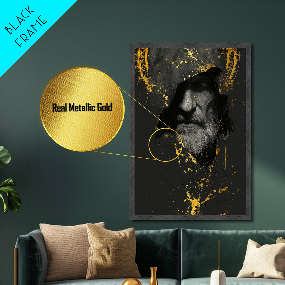 Odin Metallic Gold Art Norse God Portrait, Viking Mythology Metal Art with real wood frame, masculine Nordic wall art for man cave