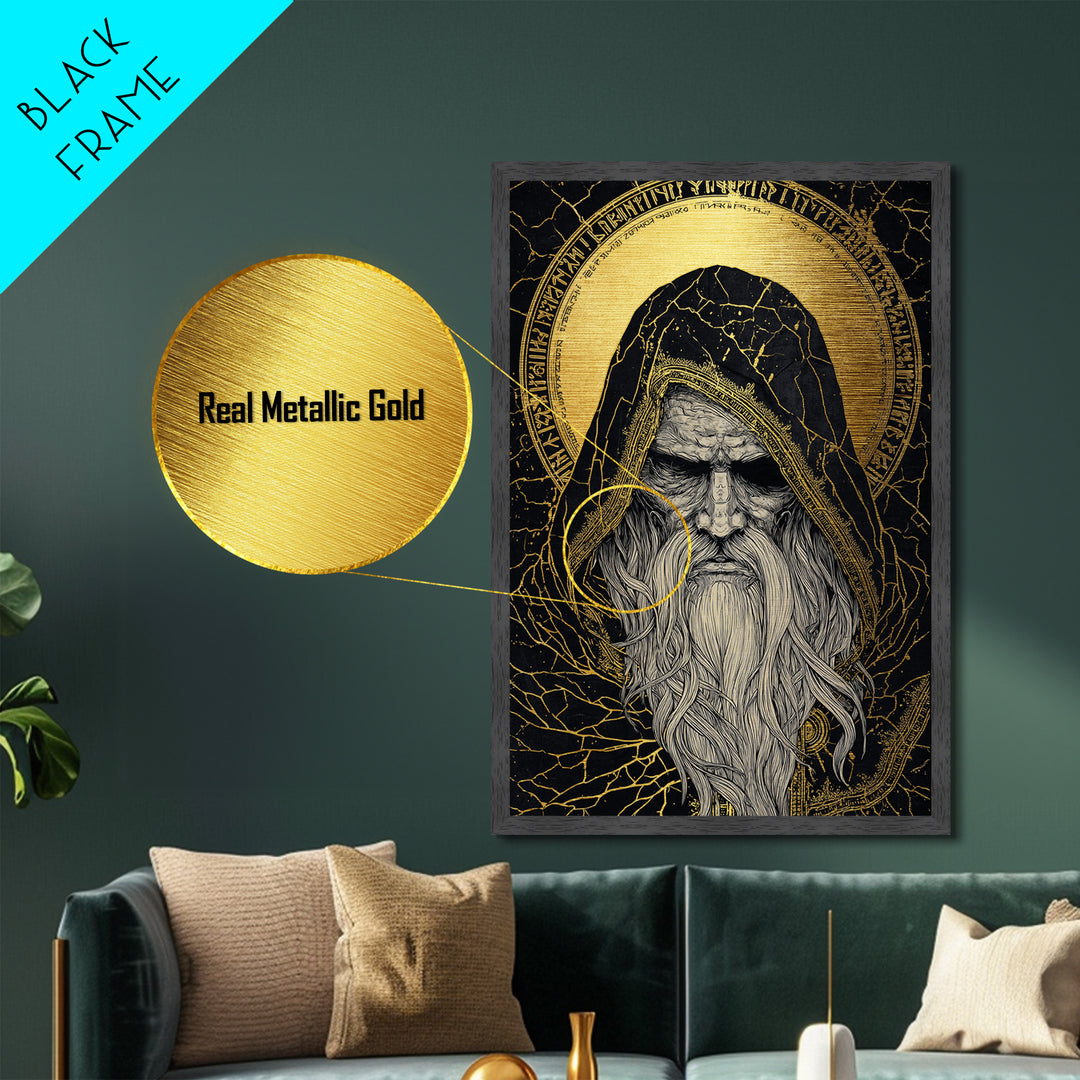 Norse God Odin Metallic Gold Art, Viking Mythology Metal Art in natural wood frame, powerful Nordic wall art for office or man cave