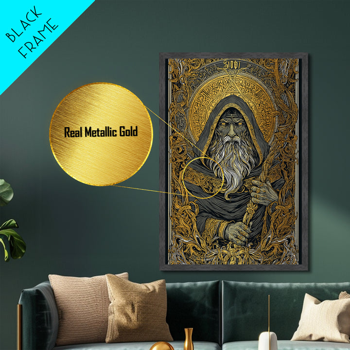 Viking Odin Metallic Gold Art, Nordic Mythology Metal Art with real wood frame, masculine office wall art or unique Norse gift for dad
