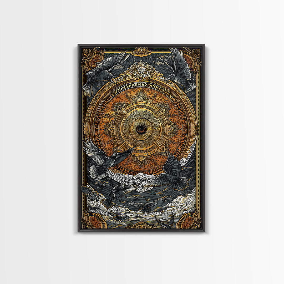 Huginn and Muninn Canvas Gold Art, Odin’s Ravens Norse Mythology Canvas Art in real wood frame, Nordic office or man cave wall decor