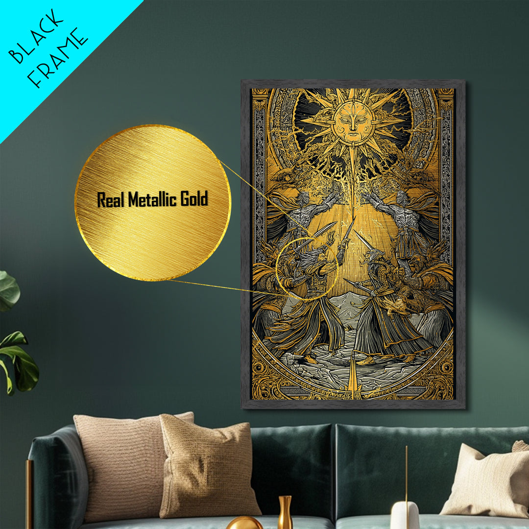 Ragnarök Battle Metallic Gold Art, Viking Apocalypse Norse Myth Metal Art in real wood frame, Nordic wall art for man cave or office