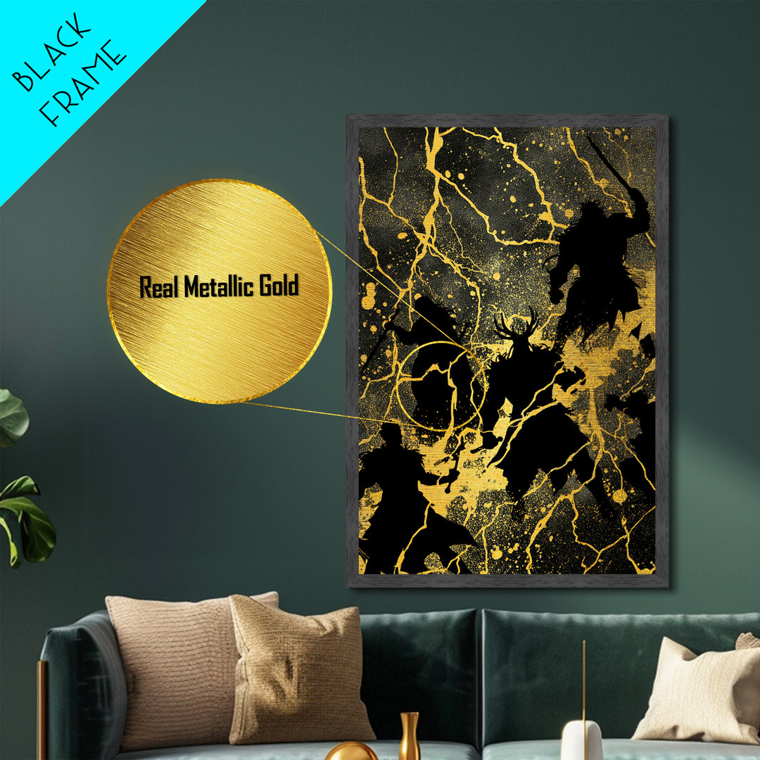 Epic Ragnarok Battle Scene Nordic Wall Art, Metallic Gold Art and Metal Art, Norse Gods Lightning Design with natural wood frame