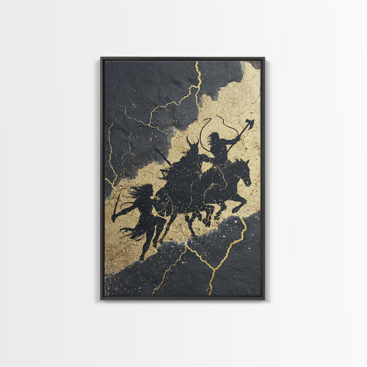Valkyrie Ride Canvas Gold Art, Norse Mythology Warrior Women Canvas Art framed in natural wood, Viking man cave or office wall decor