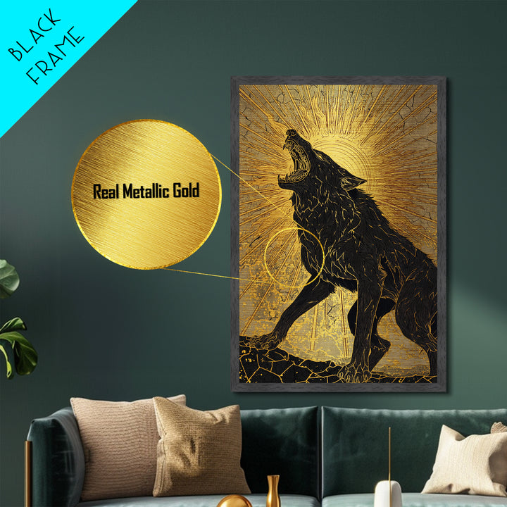 Nordic Fenrir Wolf Metal Art, Metallic Gold Art with Norse Mythology Sun Chaser Wolf, Man Cave Decor framed in authentic wood