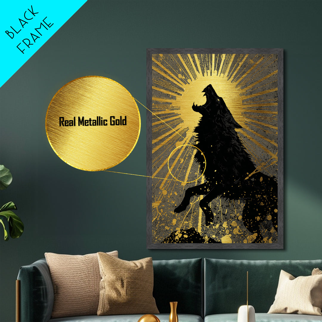 Fenrir Howling Wolf Metallic Gold Art, Norse Mythology Metal Art with Viking Wolf Symbolism, Office Wall Decor in real wood frame