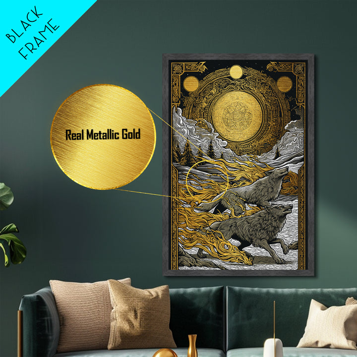 Sköll and Hati Wolves Norse Mythology Art, Metallic Gold Art and Metal Art, Viking Wolf Chasing Sun and Moon framed in wood