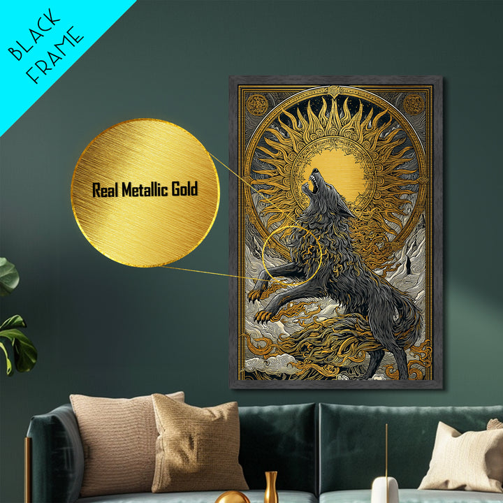 Fenrir Wolf Ragnarok Metal Art, Metallic Gold Art with Norse Mythology Theme, Viking Wolf Office Wall Decor framed in real wood