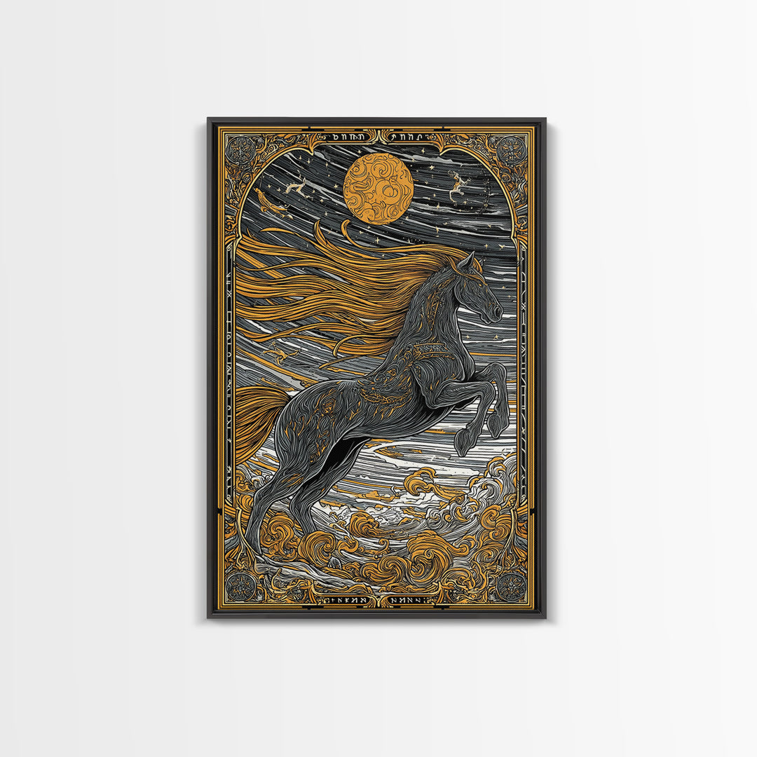 Sleipnir Norse Myth Horse Wall Decor, Canvas Gold Art and Canvas Art, Viking Equestrian Nordic Office Art framed in natural wood