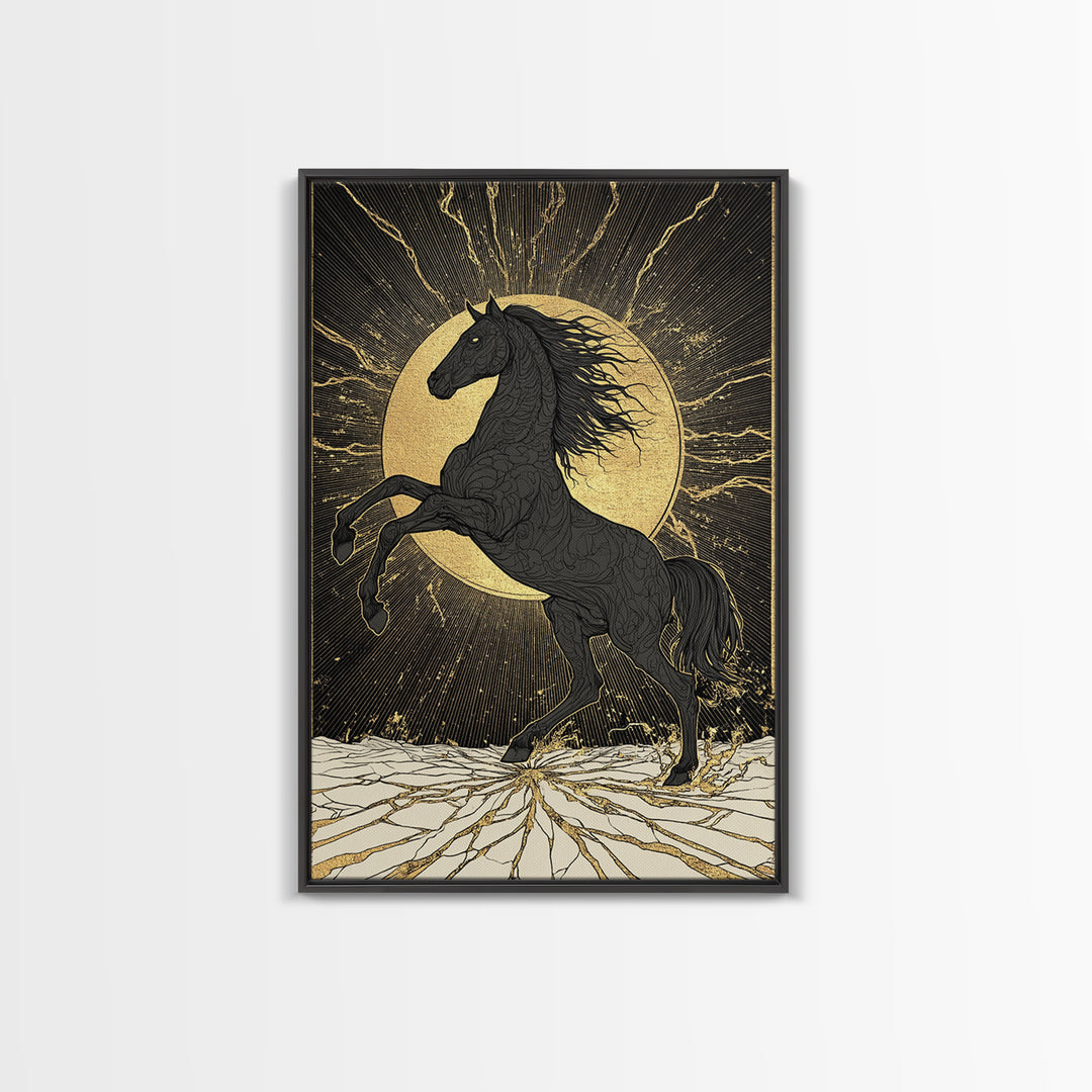 Sleipnir Norse Horse Canvas Gold Art Nordic Mythology Canvas Art for Office or Man Cave, framed in natural real wood