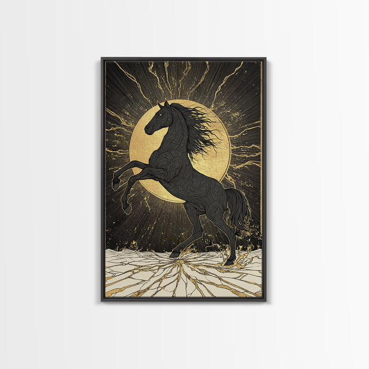Sleipnir Norse Horse Canvas Gold Art Nordic Mythology Canvas Art for Office or Man Cave, framed in natural real wood