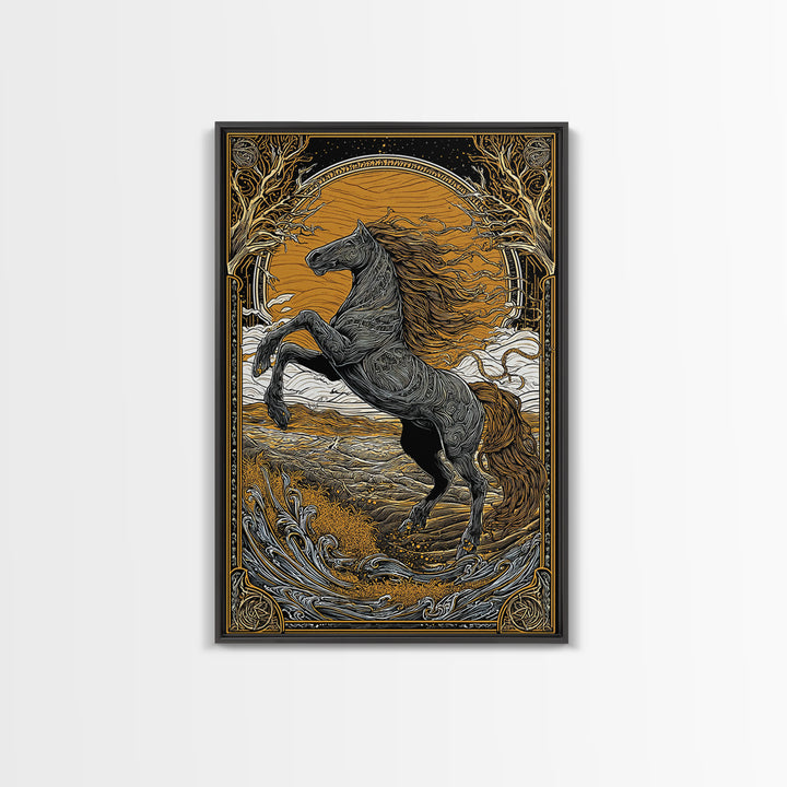 Canvas Gold Art Sleipnir Norse Mythology Horse Wall Canvas Art Nordic Viking Decor Dad Gift Office Art in rustic real wood frame