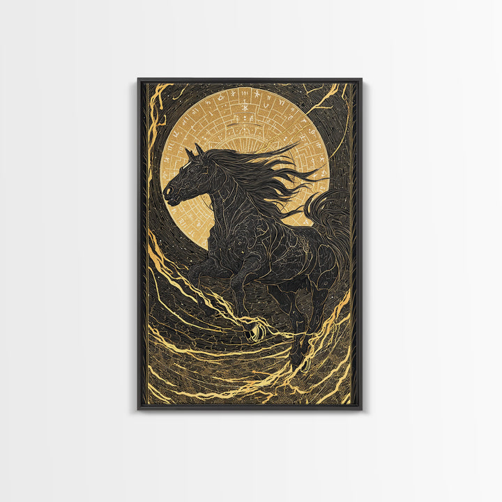 Sleipnir Odin’s Horse Norse Mythology Wall Decor, Canvas Gold Art and Canvas Art, Viking Horse Office Art framed in real wood