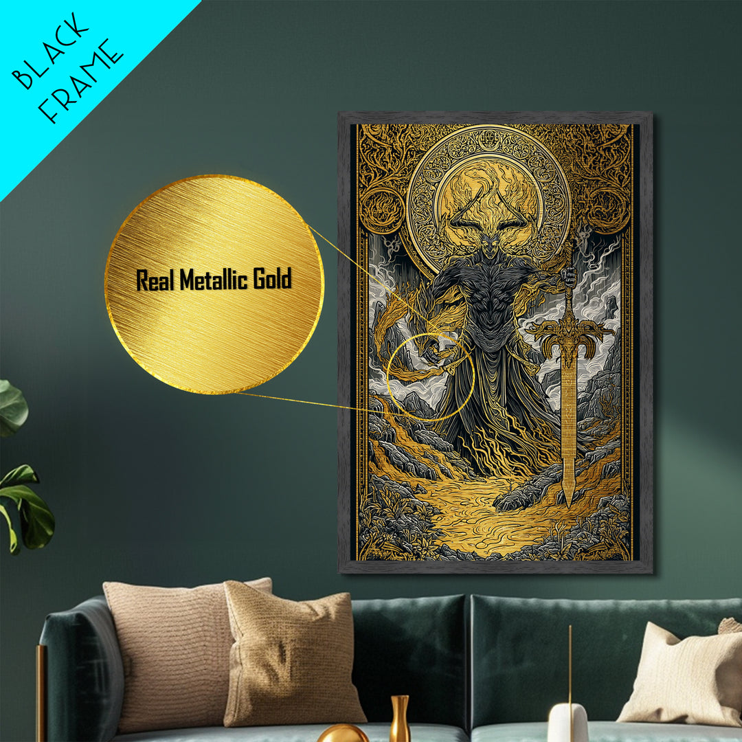 Surtur Fire Giant Norse Mythology Metallic Gold Art Viking Metal Art Dad Gift Office Wall Decor framed with natural real wood