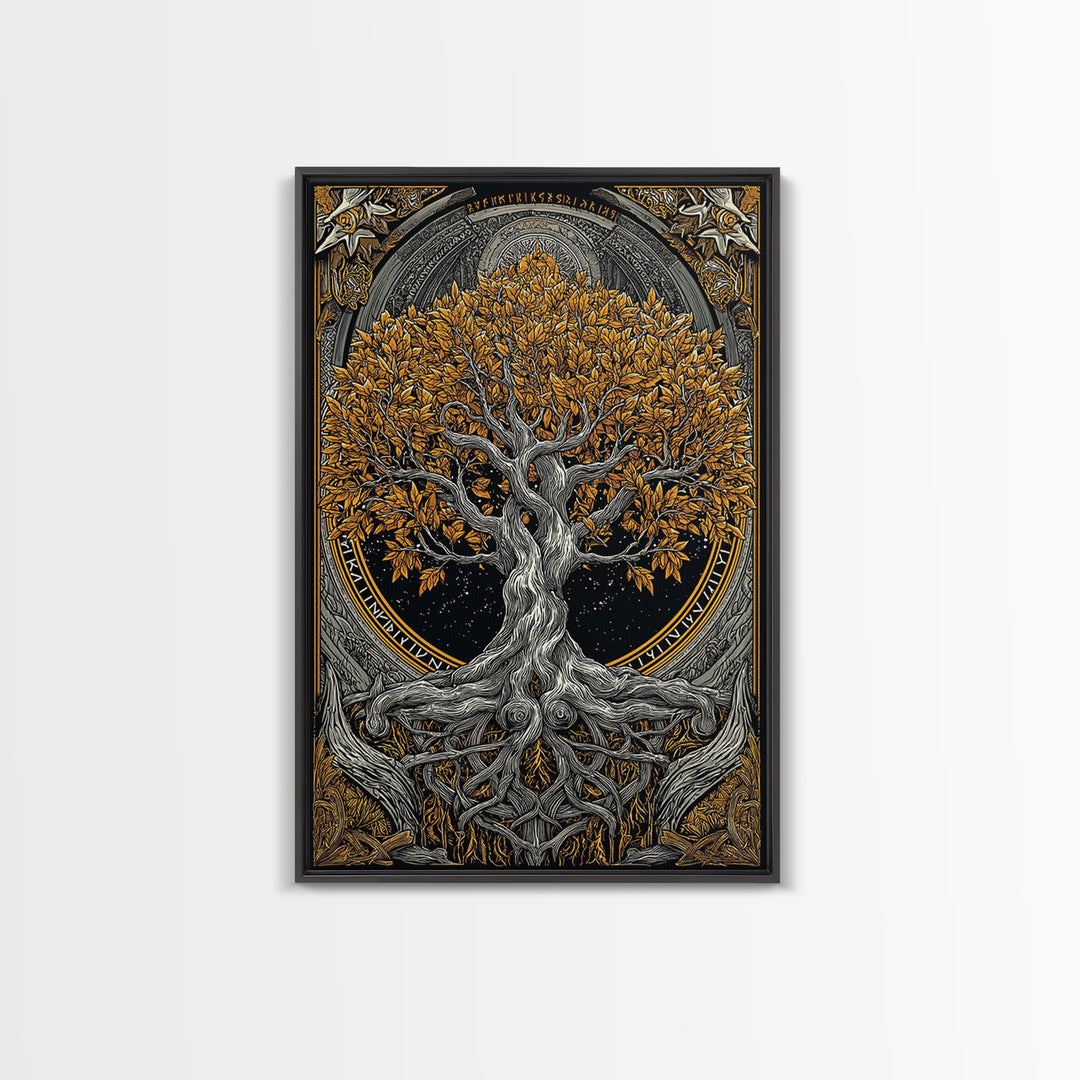 Yggdrasil World Tree Canvas Gold Art Canvas Art Norse Mythology Decor framed in natural wood for Office Wall or Man Cave Gift