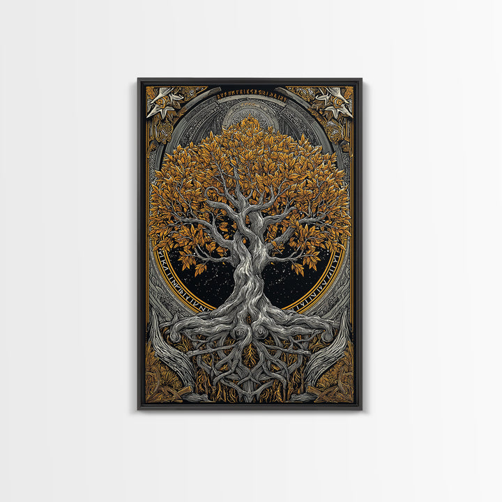 Yggdrasil World Tree Canvas Gold Art Canvas Art Norse Mythology Decor framed in natural wood for Office Wall or Man Cave Gift