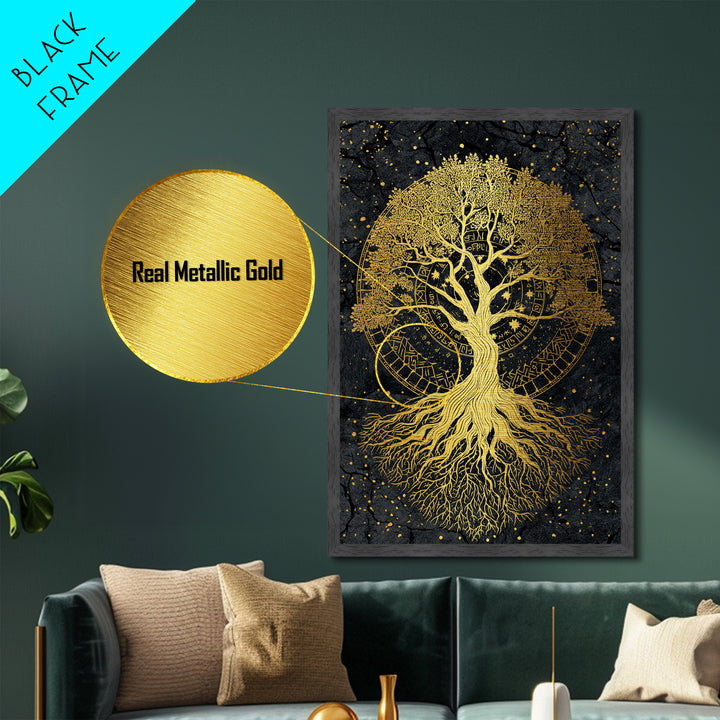 Nordic Yggdrasil Tree of Life Metallic Gold Art Metal Art with real wood frame, Norse Mythology Office Decor and Dad Gift Idea