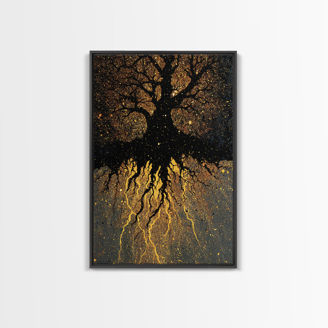 Golden World Tree Canvas Gold Art Canvas Art Norse Mythology Yggdrasil Design in natural wood frame, Office Art or Dad Gift