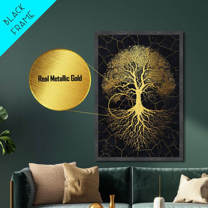 Norse Yggdrasil Tree Metallic Gold Art Metal Art Celestial Design with roots framed in real wood, Unique Office or Man Cave Art