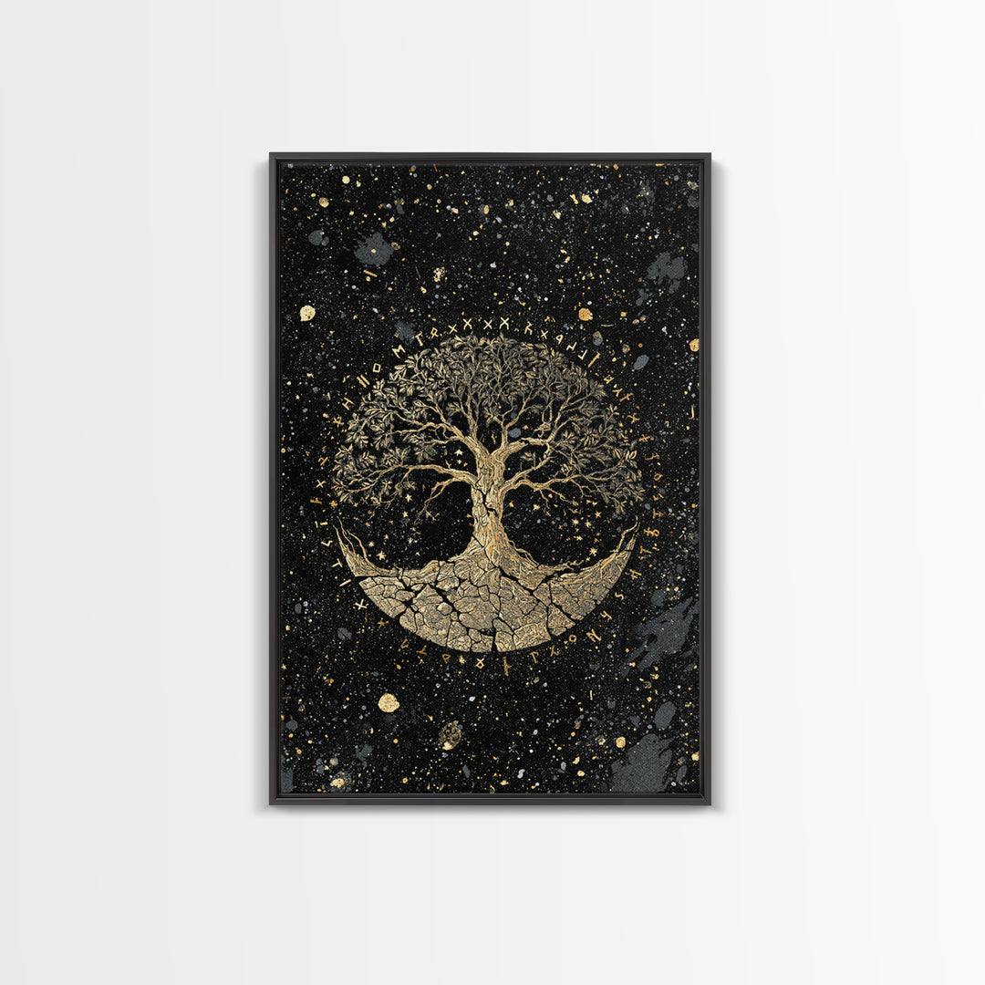 Yggdrasil World Tree Canvas Art Canvas Gold Art Norse Mythology Viking Decor Office Art Man Cave framed in handcrafted real wood