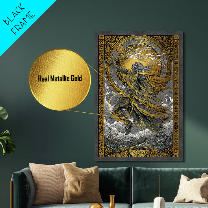 Viking Thor Strikes Metallic Gold Art Metal Art with real wood frame, Norse Mythology Wall Art Perfect for Man Cave or Office