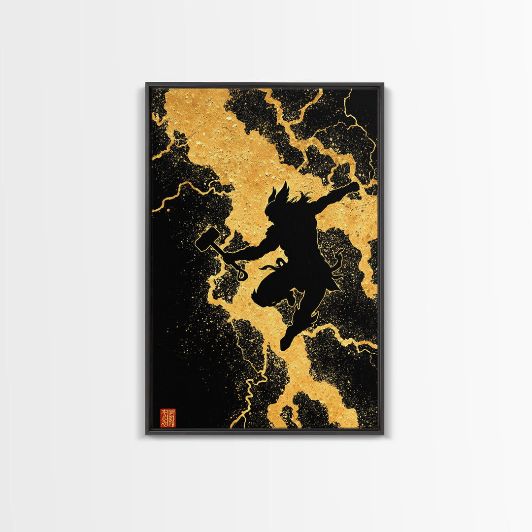 Silhouette Thor Jumping Canvas Gold Art Canvas Art Norse Viking God Wall Decor framed in natural wood, Office Art Dad Gift