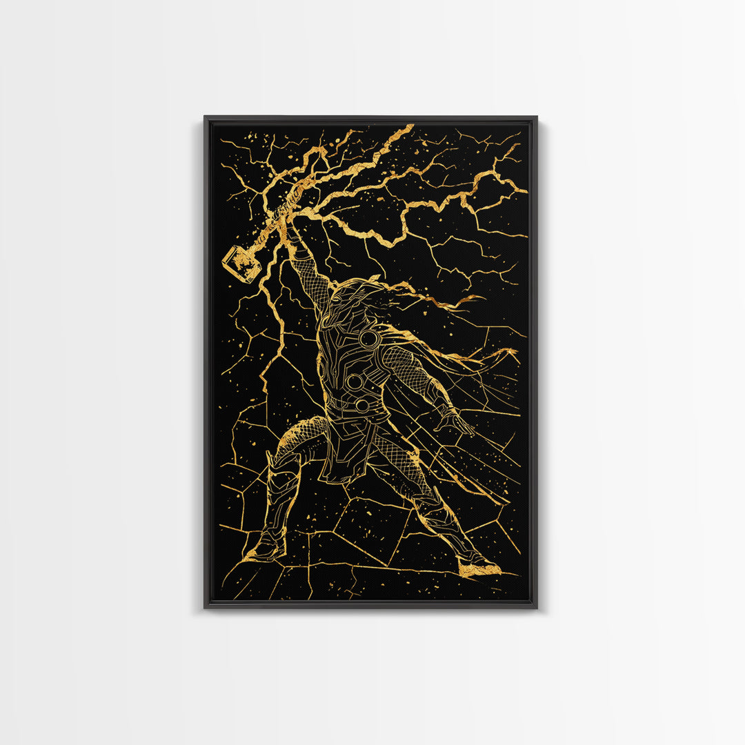 Thor with Lightning Hammer Canvas Gold Art Canvas Art Norse God Wall Art framed in wood, Viking Office Decor or Dad Gift Idea
