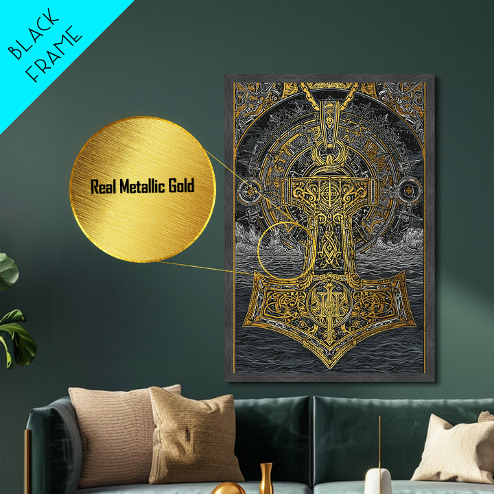 Viking Mjolnir Hammer Metallic Gold Art Metal Art Norse Mythology Thor Symbol framed in natural wood, Office Wall Art for Men