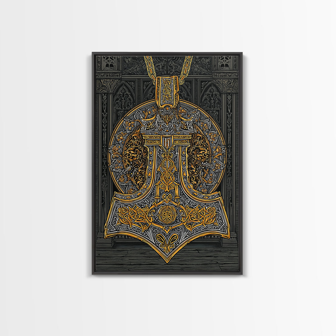 Thor’s Hammer Pendant Canvas Gold Art Nordic Canvas Art, Norse Mythology Wall Decor for Man Cave, framed in natural wood