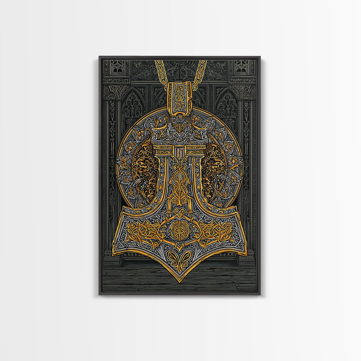 Thor’s Hammer Pendant Canvas Gold Art Nordic Canvas Art, Norse Mythology Wall Decor for Man Cave, framed in natural wood