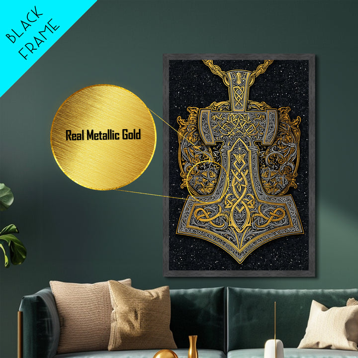 Norse Thor’s Hammer Metallic Gold Art Metal Art Viking Mjolnir Pendant Design with real wood frame, Unique Man Cave Wall Decor