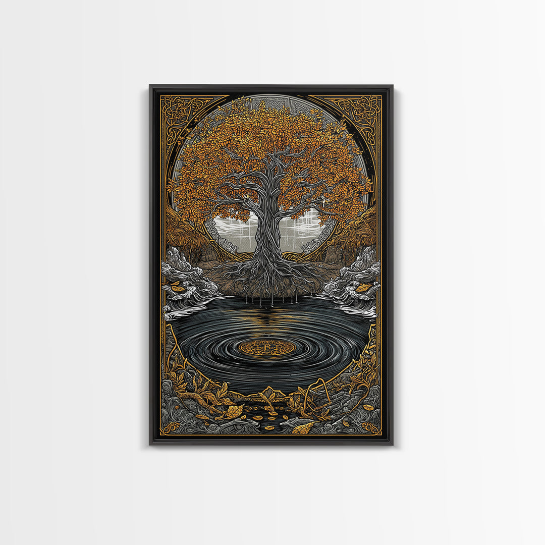 Urd and Yggdrasil Canvas Gold Art Canvas Art, Norse Norns Mythology Wall Art for Dad Gift Office Decor, with real wood frame