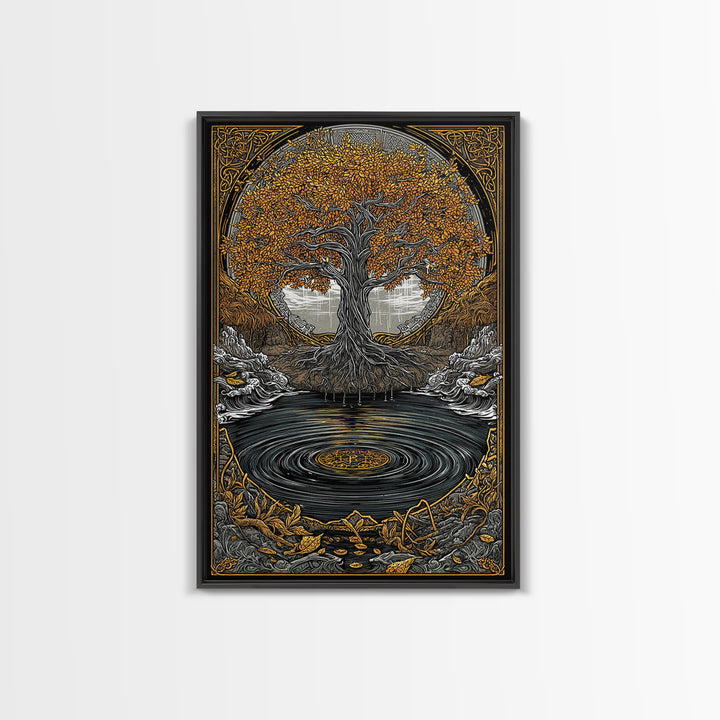 Urd and Yggdrasil Canvas Gold Art Canvas Art, Norse Norns Mythology Wall Art for Dad Gift Office Decor, with real wood frame