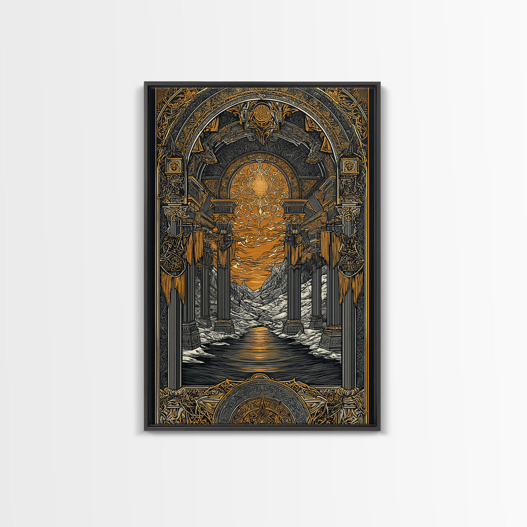 Valhalla Temple Canvas Gold Art Canvas Art, Nordic Mythology Warrior Afterlife Wall Art for Man Cave Decor, framed in wood