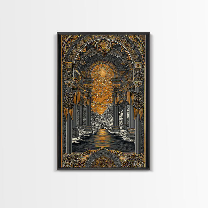 Valhalla Temple Canvas Gold Art Canvas Art, Nordic Mythology Warrior Afterlife Wall Art for Man Cave Decor, framed in wood