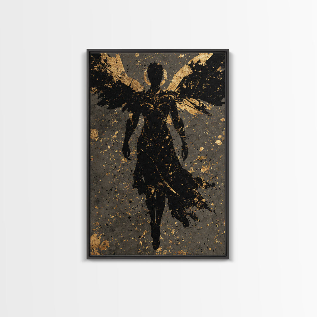 Nordic Valkyrie Canvas Gold Art Canvas Art, Norse Mythology Winged Warrior Goddess Wall Art for Man Cave Decor, framed in wood
