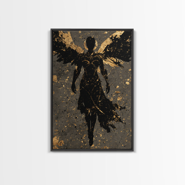 Nordic Valkyrie Canvas Gold Art Canvas Art, Norse Mythology Winged Warrior Goddess Wall Art for Man Cave Decor, framed in wood