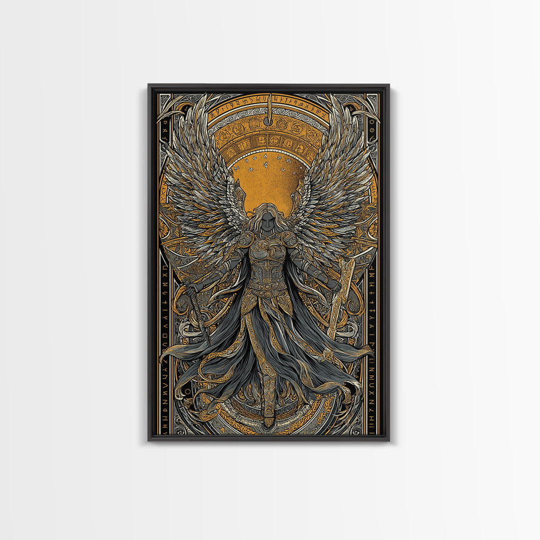 Valkyrie Ascending Canvas Gold Art Canvas Art, Norse Mythology Winged Protector Wall Decor for Dad Gift Office Art, real wood frame