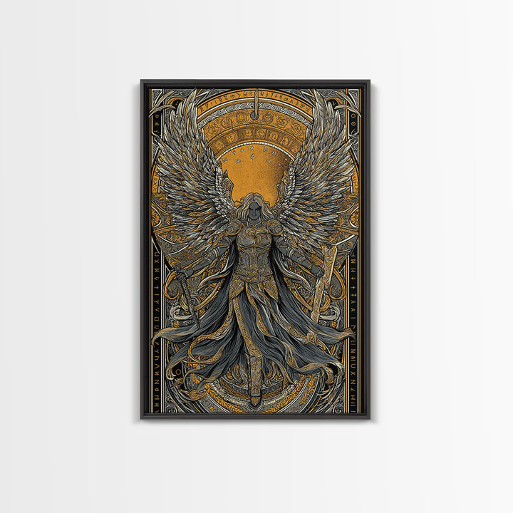 Valkyrie Ascending Canvas Gold Art Canvas Art, Norse Mythology Winged Protector Wall Decor for Dad Gift Office Art, real wood frame
