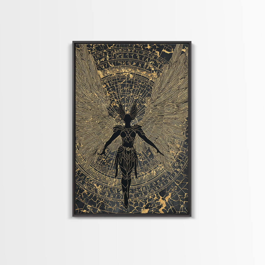 Shieldmaiden Valkyrie Canvas Gold Art Canvas Art, Norse Mythology Wall Art for Men’s Office Decor Dad Gift, framed in natural wood